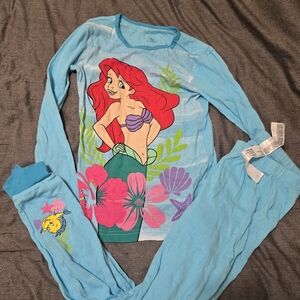 Disney Ariel Light Blue Long Sleeve Kids Pajama Set with Pink & Green Floral Art